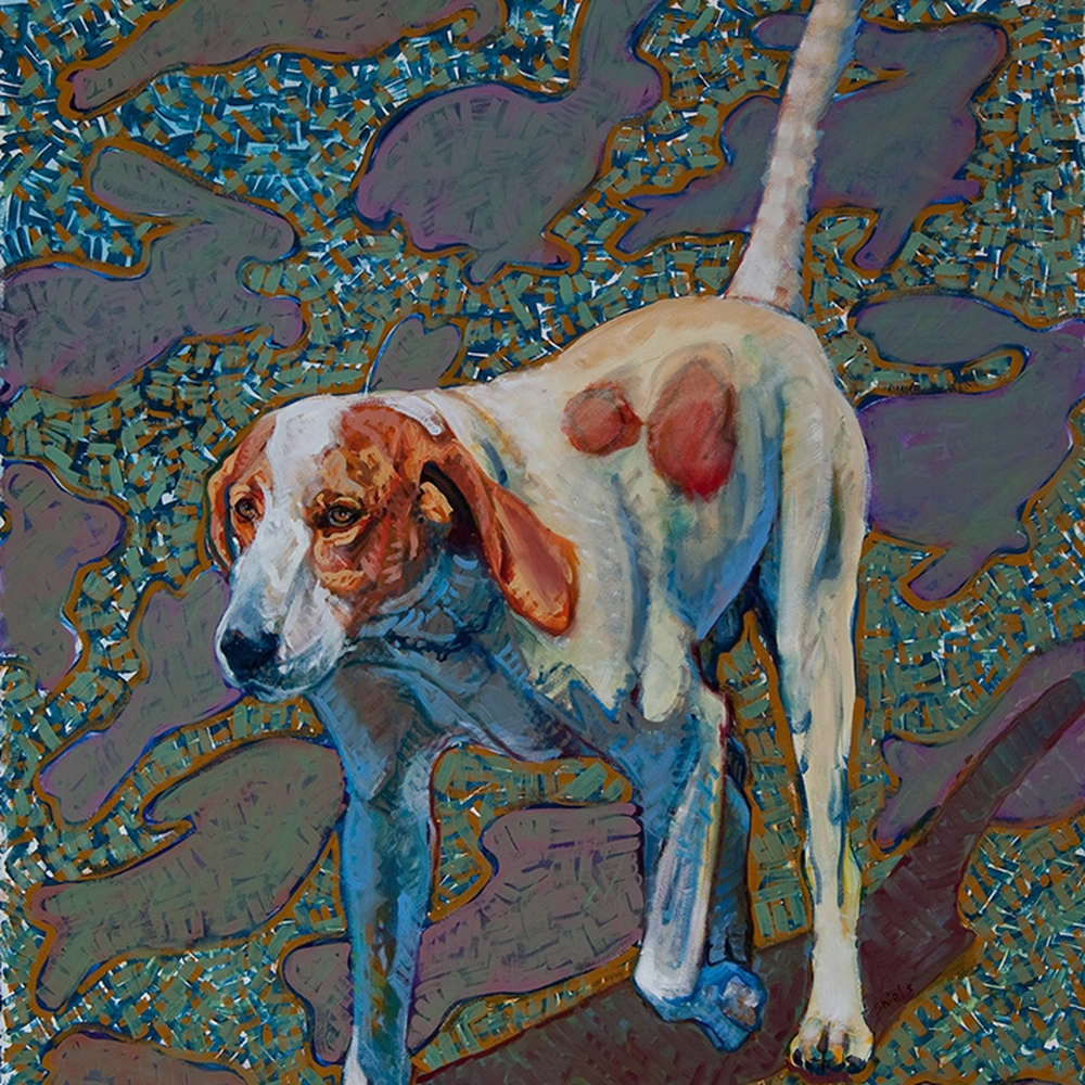 Detail of Leslie Shiels's Cryptic Hound Left, white hound with reddish patches.