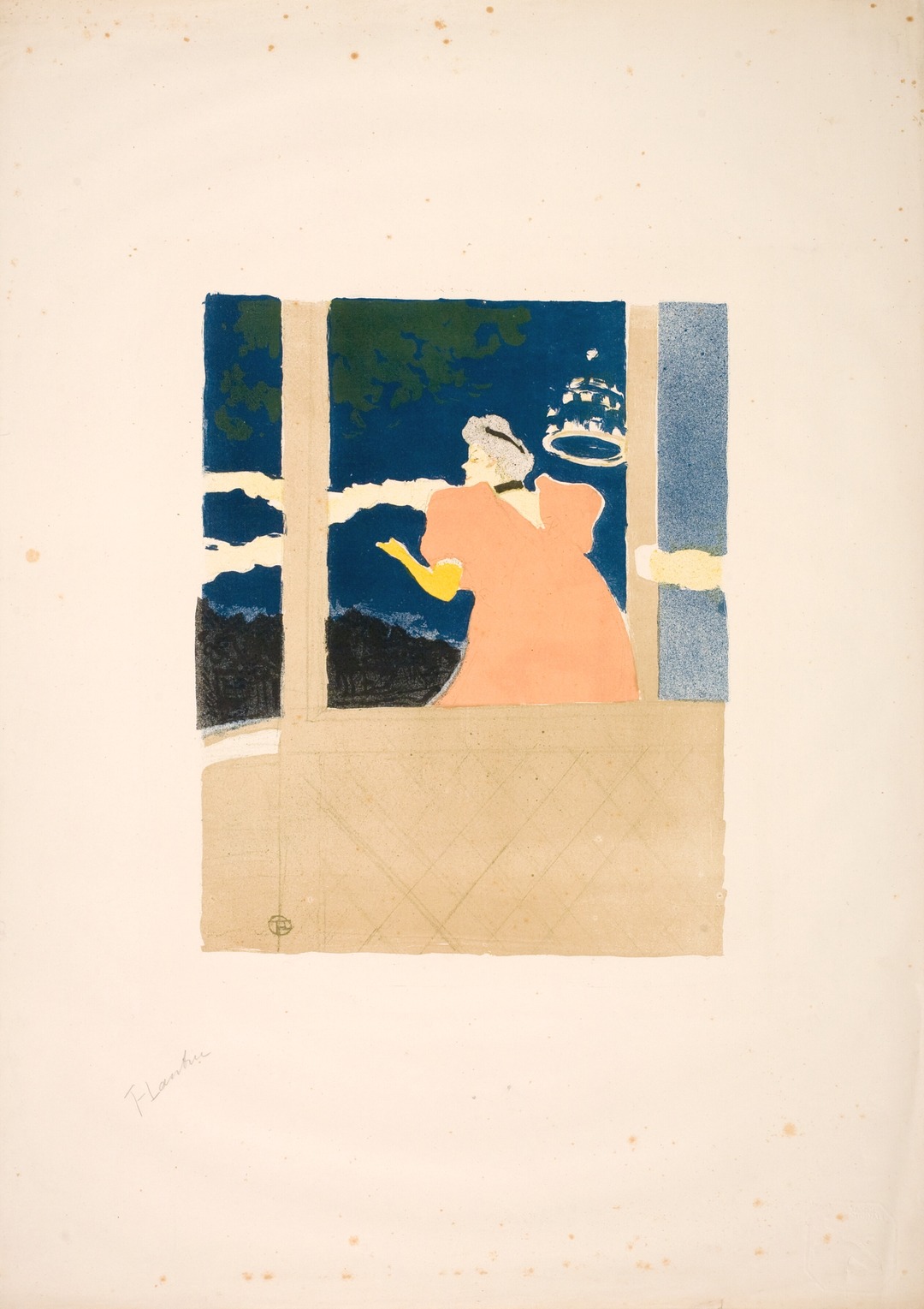 Color lithograph of a café-concert singer seen from behind, in a peach-pink dress with puffed sleeves, her yellow-gloved arm extended, against a deep blue night sky.