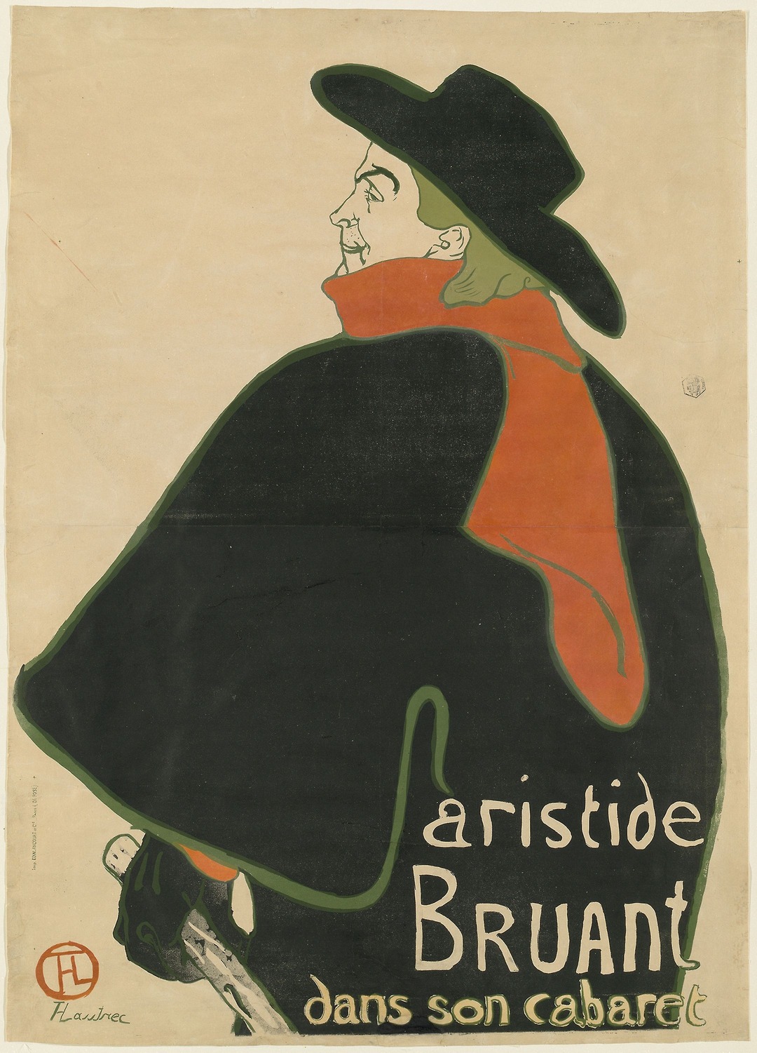 Color lithograph poster: cabaret singer Aristide Bruant seen from behind with his face in profile, wearing a wide-brimmed black hat, black cape and bright red scarf, with the lettering 'aristide Bruant dans son cabaret'.