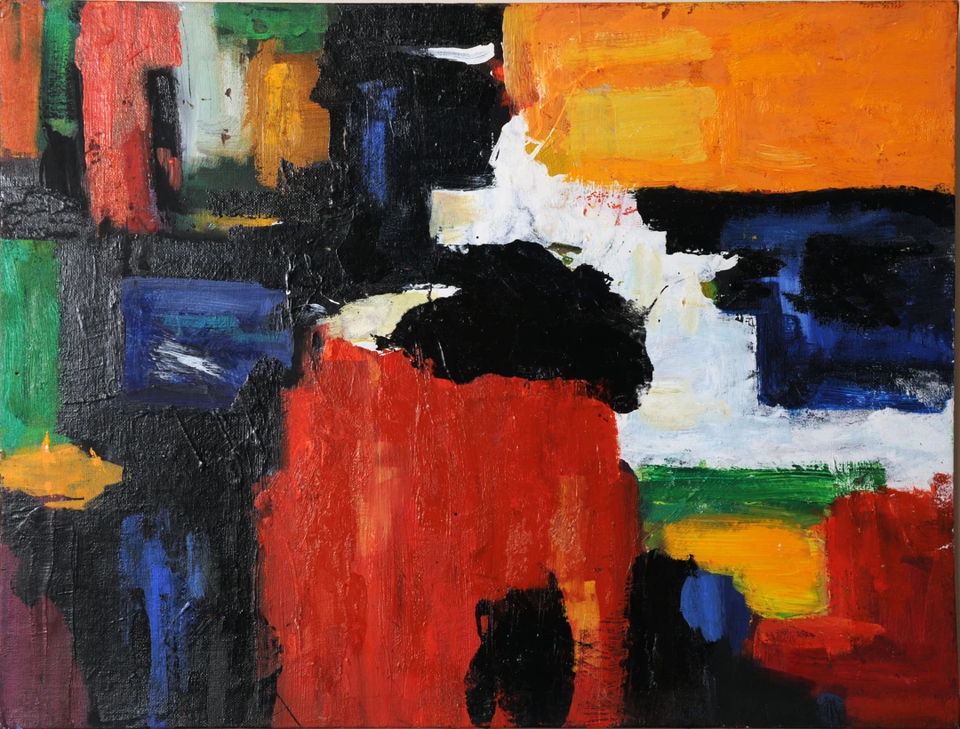 Abstract painting by Gloria Torrice in thick strokes of red, orange, blue, black and white.
