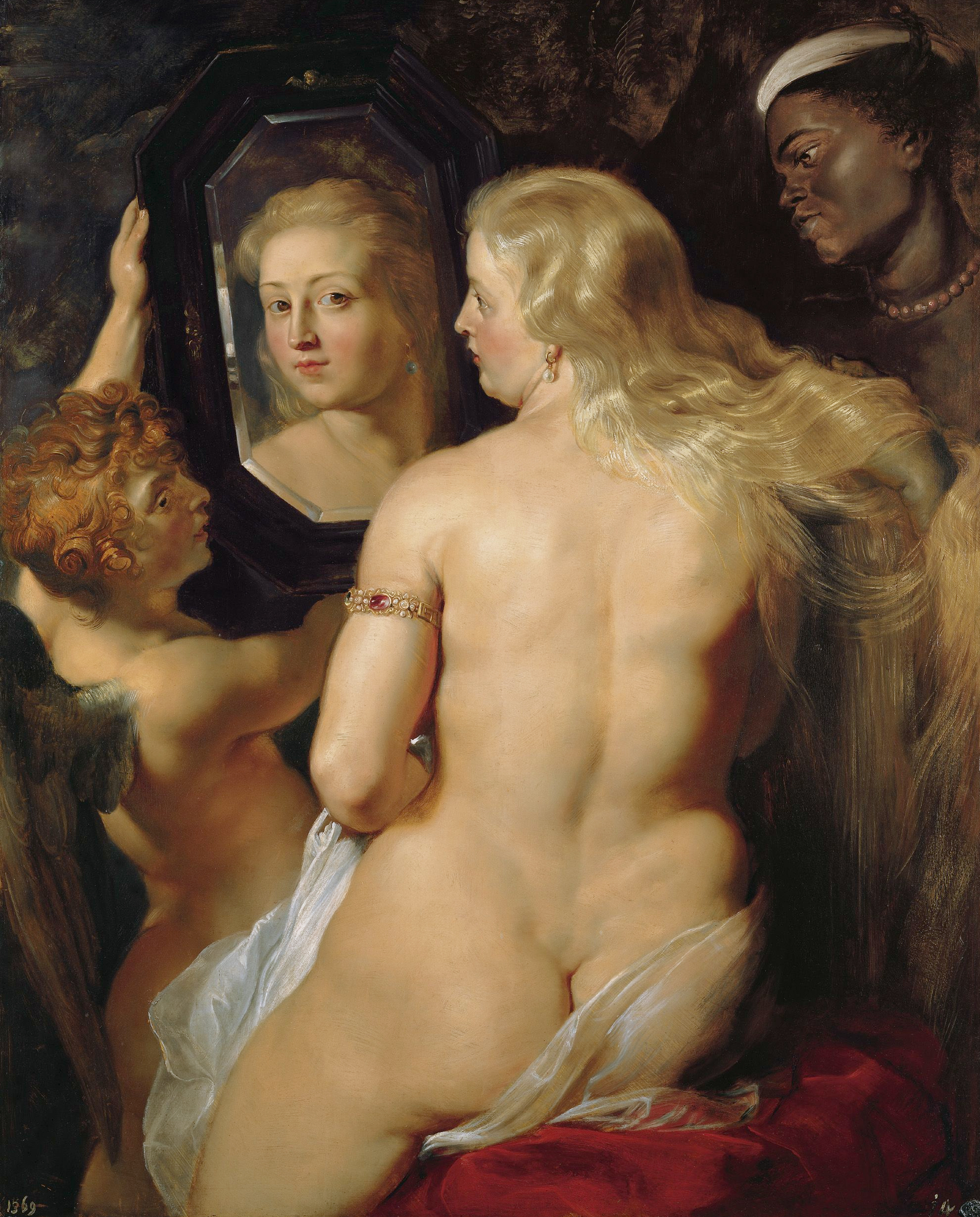 Peter Paul Rubens’ Venus at the Mirror (c. 1613–1614): Venus seen from behind gazes into a mirror held by a dark-skinned maid, with a red-haired child at her side. Painting in the Liechtenstein collections. Image from Wikimedia Commons. (Related image located during this archive’s reconstruction.)