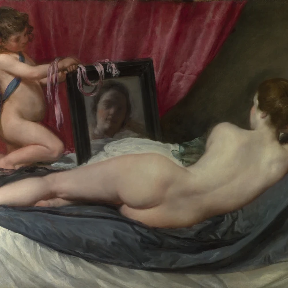 Detail of Velázquez's Rokeby Venus: Venus seen from behind and cupid holding the mirror.