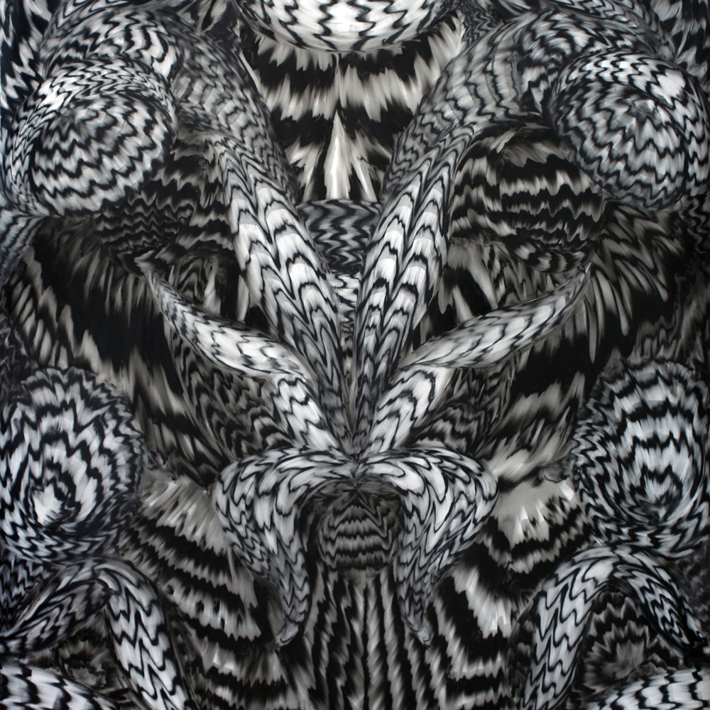 Detail of feather-like black-and-white leaves and undulating zigzag forms.