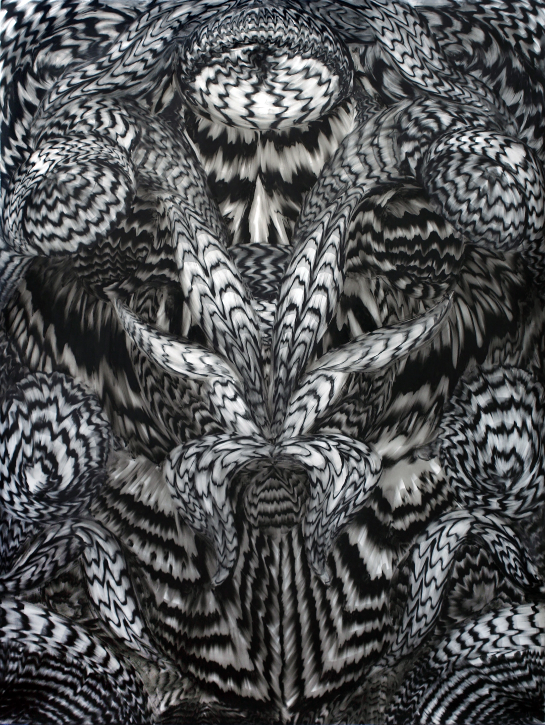 Symmetrical black-and-white drawing with feather-like leaves and undulating zigzag forms.