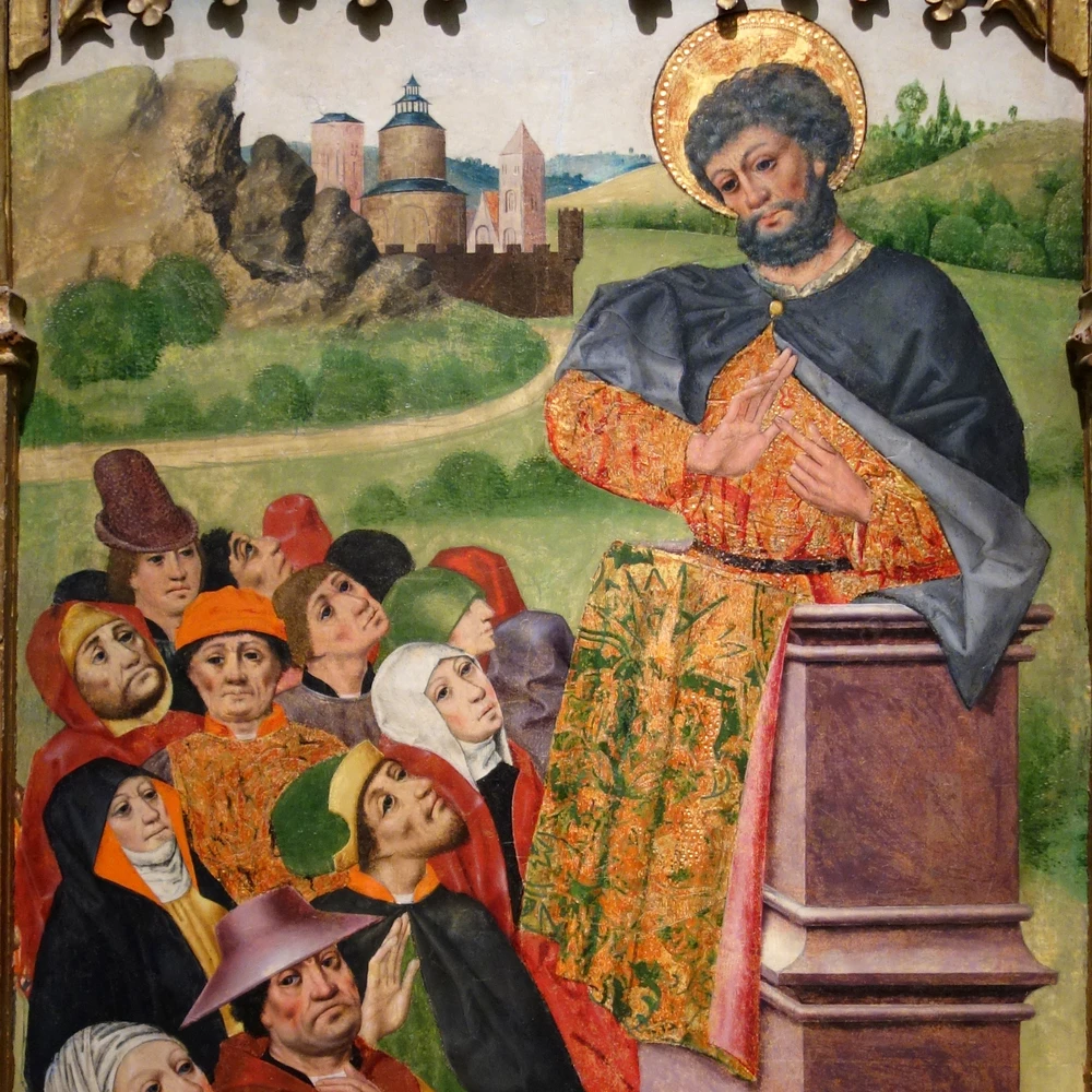 Detail of Jorge Inglés's Saint Preaching: the haloed saint at the pulpit above the listening crowd.