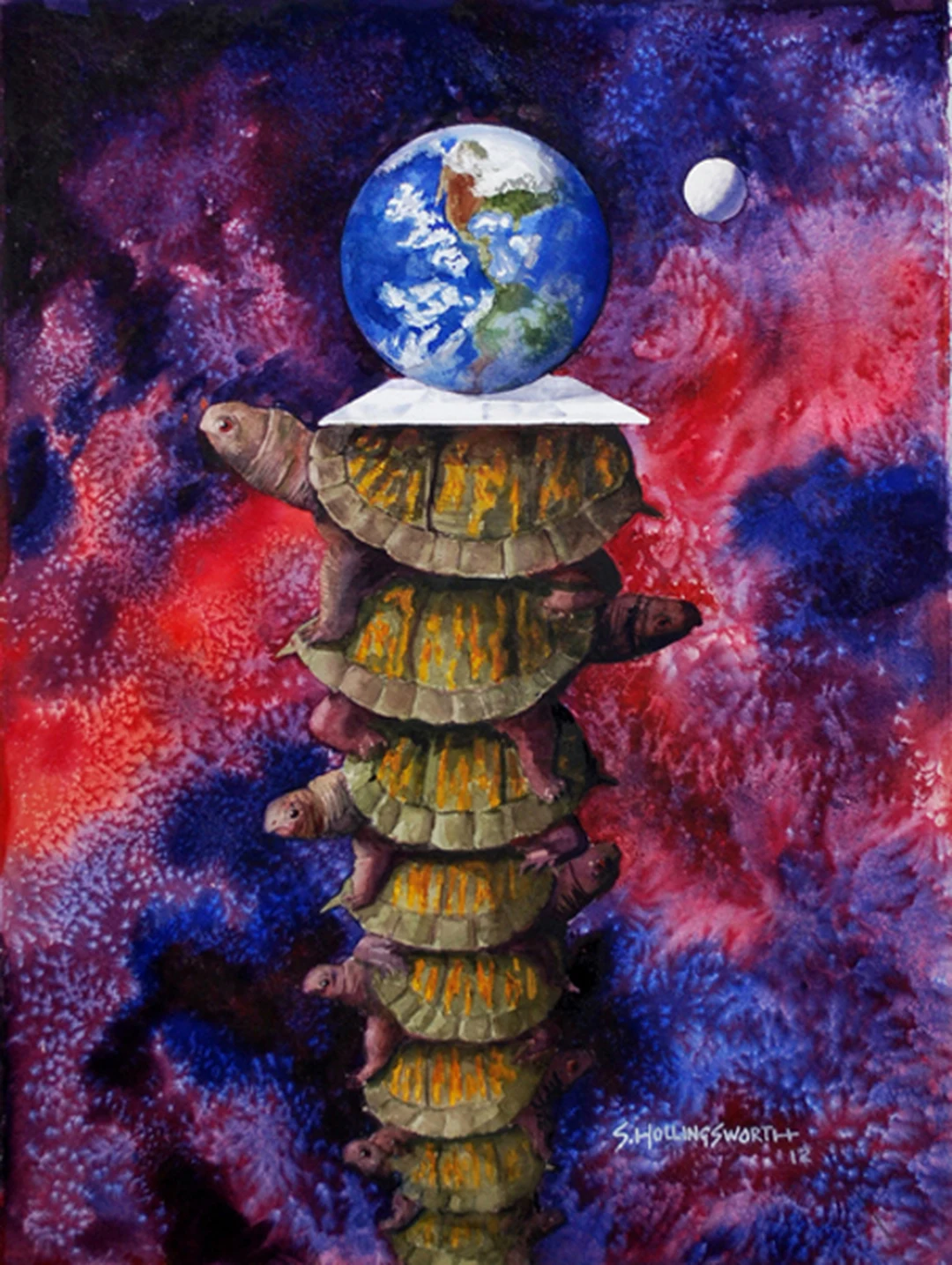 It's Turtles All The Way Down by Sam Hollingsworth: a watercolor showing a column of turtles stacked one on top of another supporting a blue globe of the Earth, with a white moon to one side, against a cosmic red and blue background.