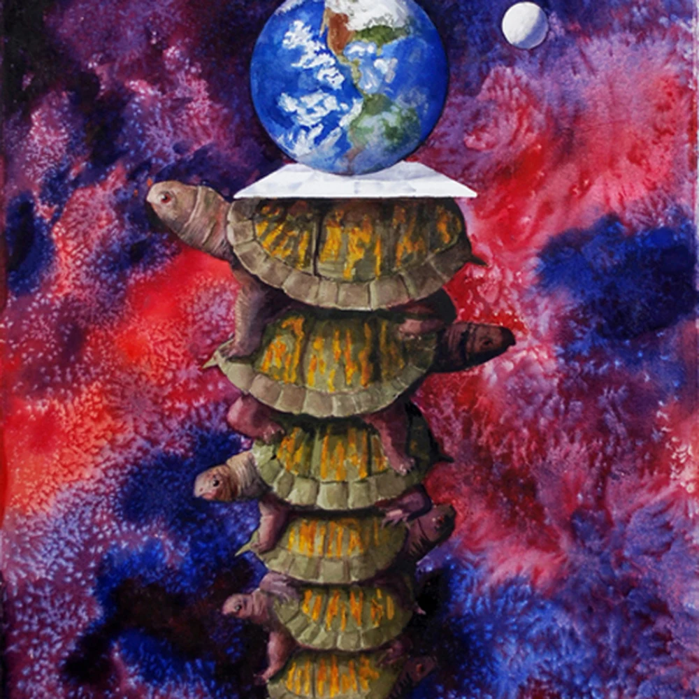 It's Turtles All The Way Down by Sam Hollingsworth: a watercolor showing a column of turtles stacked one on top of another supporting a blue globe of the Earth, with a white moon to one side, against a cosmic red and blue background.