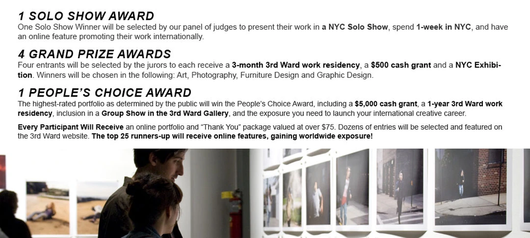 Promotional awards announcement and gallery exhibition view for the Winter 2012 3rd Ward Open Call in Brooklyn, New York