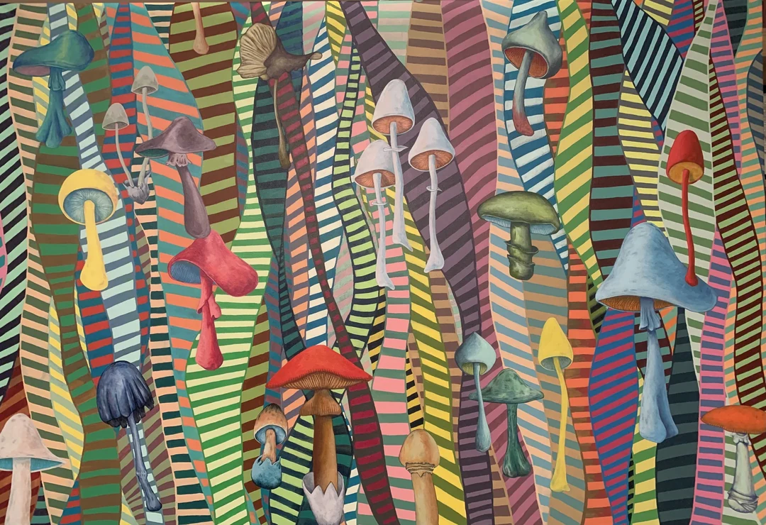Colorful acrylic painting of assorted stylized mushrooms against wavy multicolored stripes.