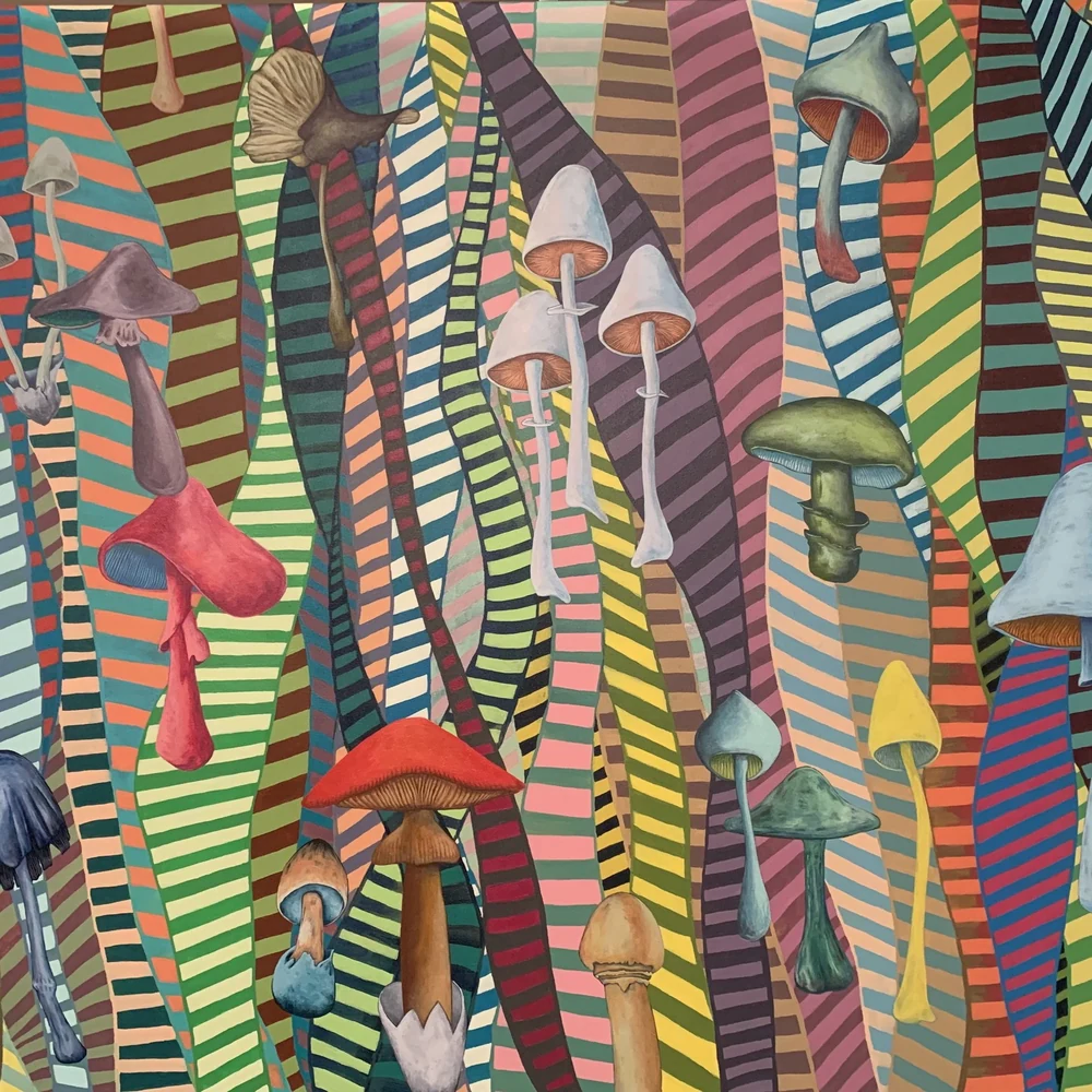 Colorful acrylic painting of assorted stylized mushrooms against wavy multicolored stripes.