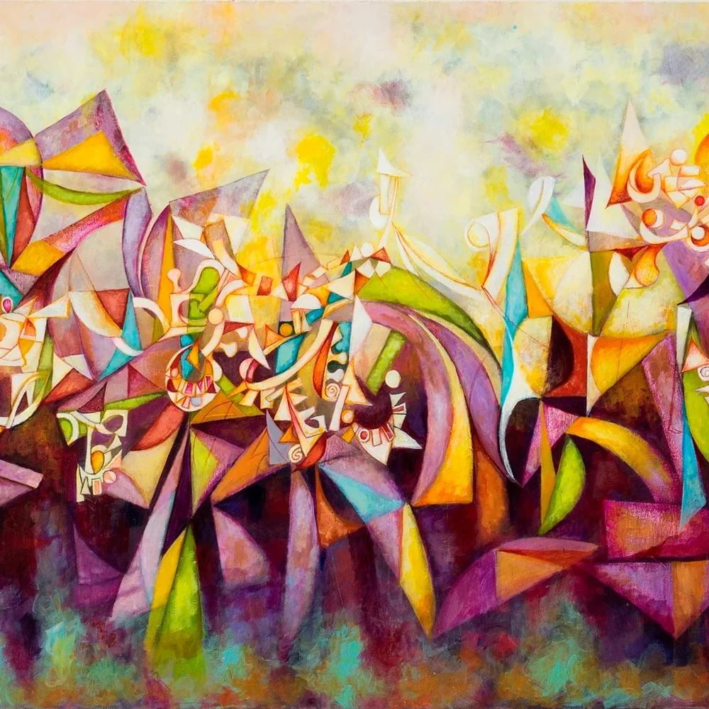 Abstract cubist painting of fragmented geometric and ribbon-like shapes in violet, gold, green and orange, with saturated purple hues across the lower half, signed C. Cox.