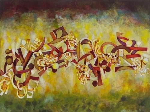 Abstract painting in golden yellow and green tones with dark red ribbon-like shapes. Cedric Michael Cox, Frolic in the Forest, 36 x 48 inches. Image from the artist's website.