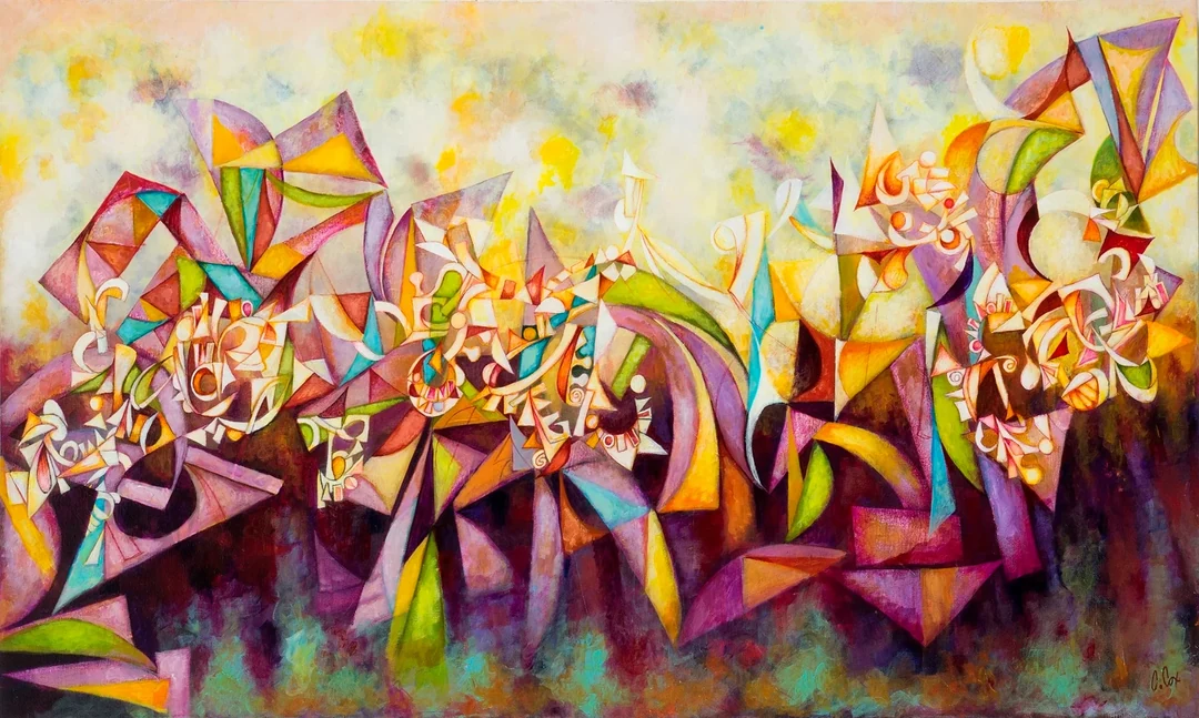 Abstract cubist painting of fragmented geometric and ribbon-like shapes in violet, gold, green and orange, with saturated purple hues across the lower half, signed C. Cox.