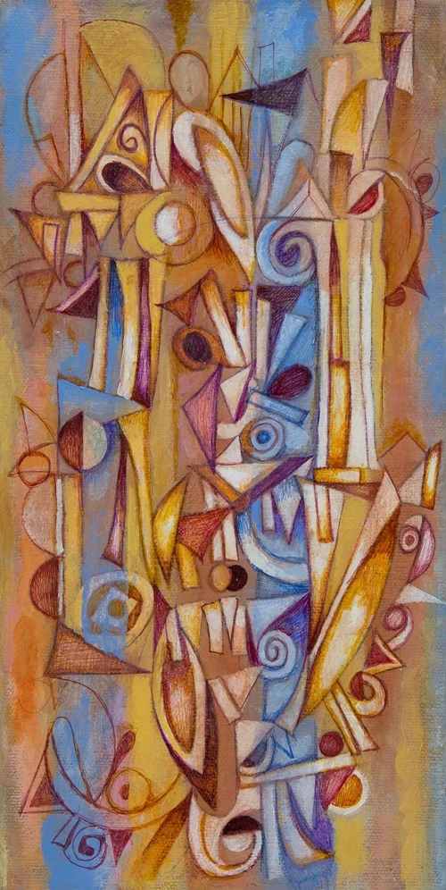 Tall vertical abstract painting of stacked totem-like geometric forms in blue, gold, ochre and red. Cedric Michael Cox, Totems, 10 x 6 inches. Image from the artist's website.