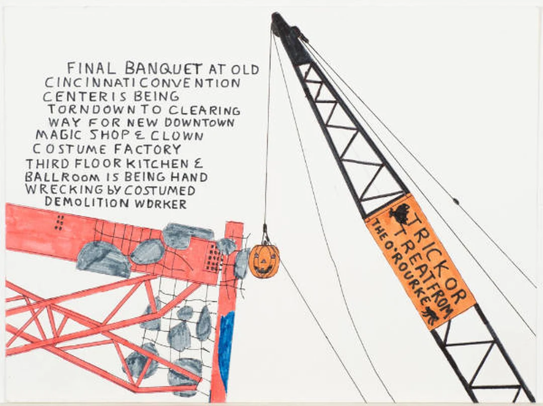 Drawing by Raymond Thunder-Sky: a black crane swings a jack-o'-lantern wrecking ball into a red steel building frame, beside his hand-lettered caption about the demolition of the old Cincinnati Convention Center.