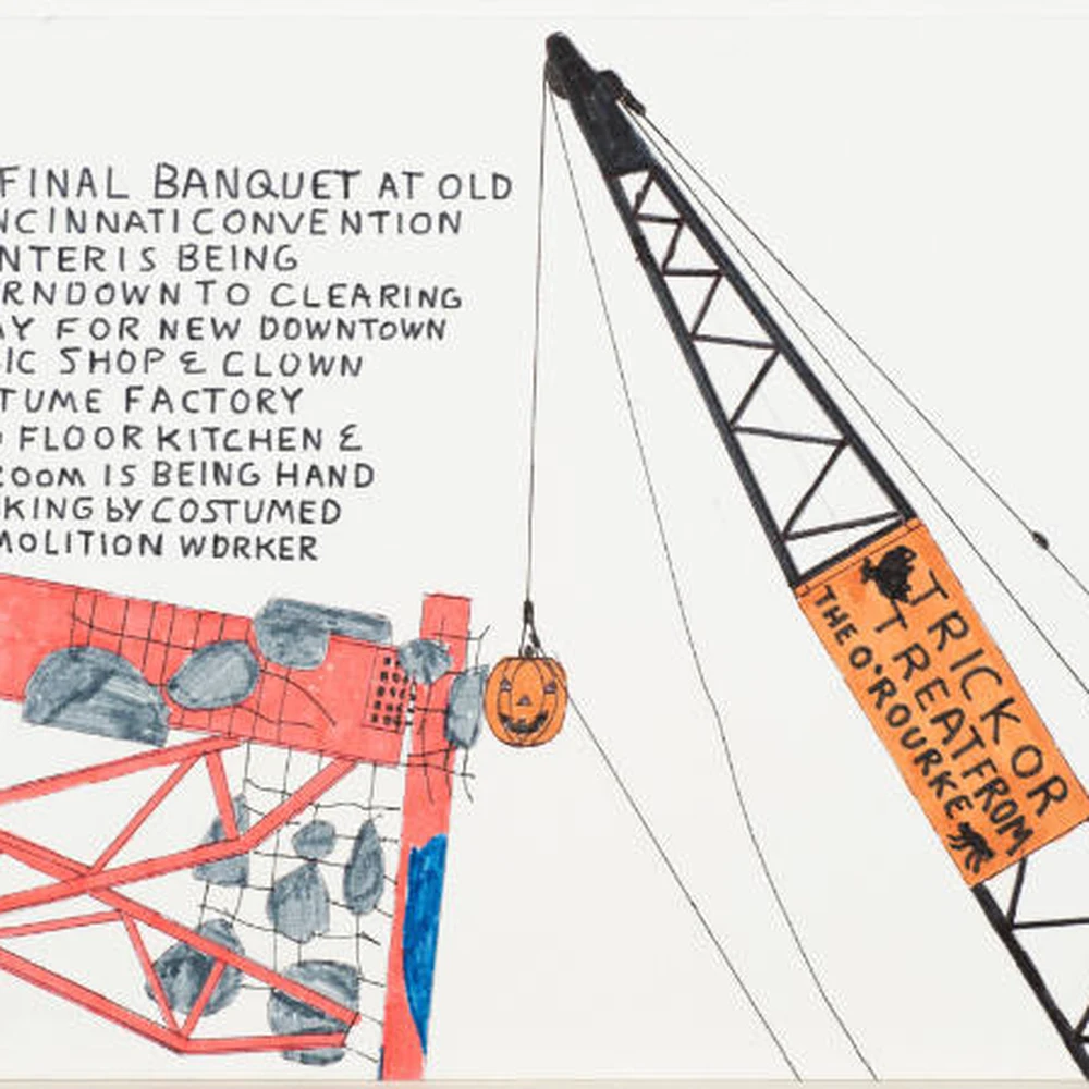 Detail of a Raymond Thunder-Sky drawing of a crane with a jack-o'-lantern wrecking ball.