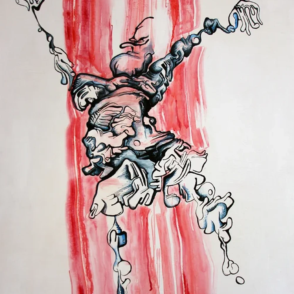 Abstract drawing of a human figure suspended in free fall, in black, white and blue linework against vertical red streaks on white paper.