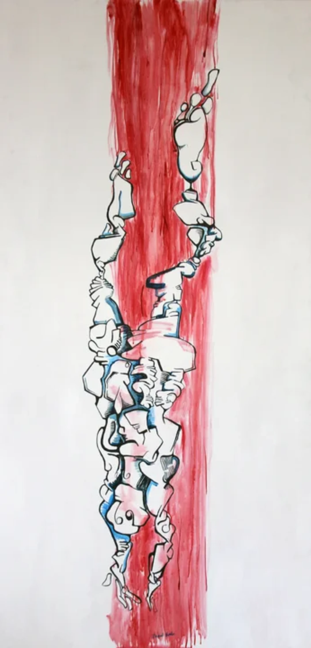 Maxwell Redder, Waterfall Dive: Abstract drawing of an elongated human figure in free fall, in black and blue linework against a vertical red band on white paper. (Related image located during this archive's reconstruction.) Image from the artist's website.