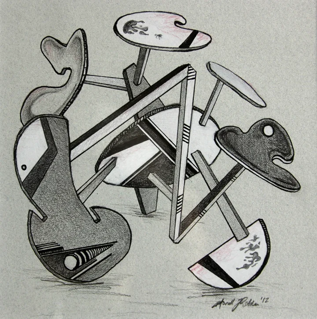 Maxwell Redder, Sculpture Drawing 5: Pencil and ink drawing of a tangled assemblage of palette-shaped forms, rods and discs, in black, white and grays with faint pink accents, on gray paper. Image from the artist's website.