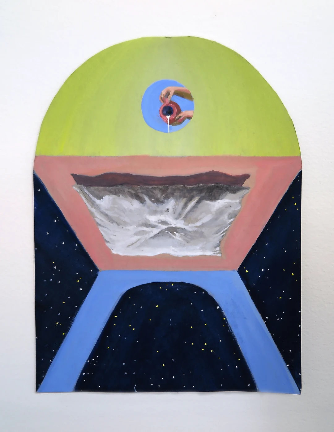 Gouache painting by Katherine Colborn: an arched composition with a lime-green dome holding a blue circle where two hands pour white liquid from a red vessel, a salmon-pink band with a cloud-like gray form, and a starry navy-blue base crossed by a light-blue arch.