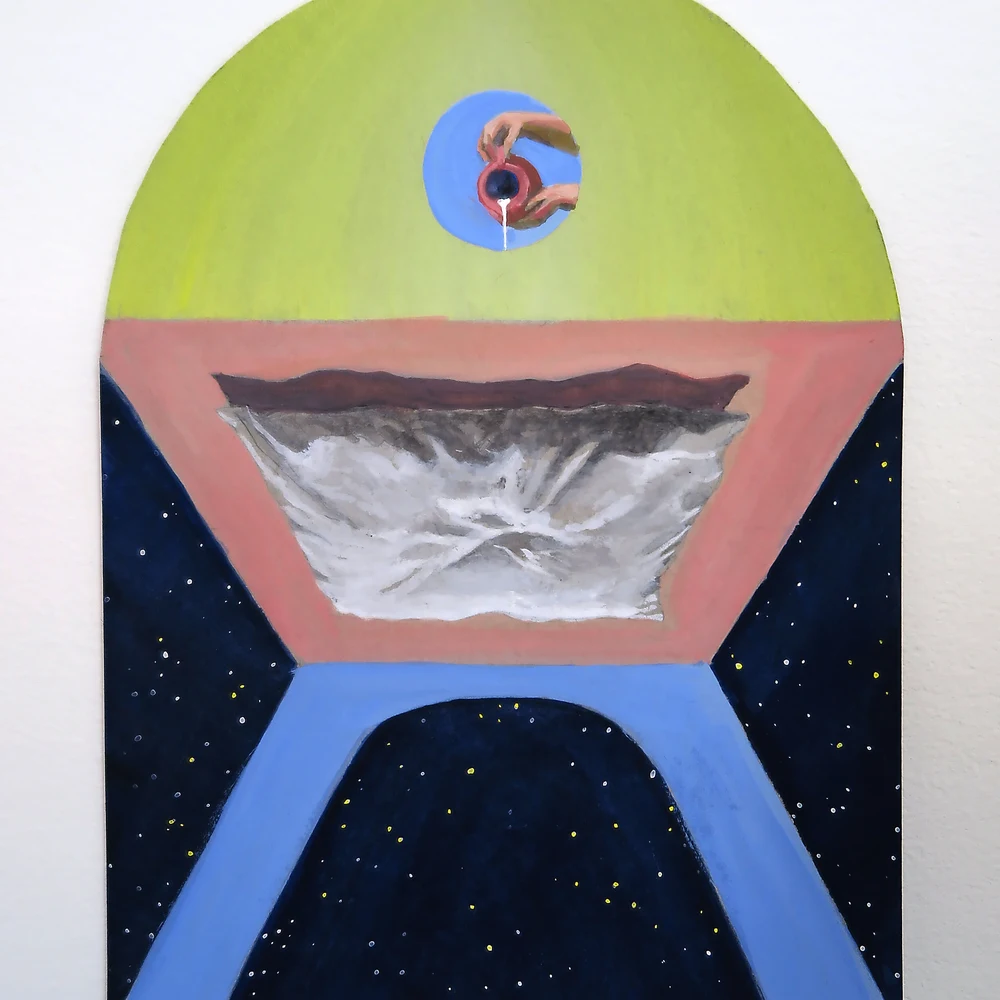 Gouache painting by Katherine Colborn: an arched composition with a lime-green dome holding a blue circle where two hands pour white liquid from a red vessel, a salmon-pink band with a cloud-like gray form, and a starry navy-blue base crossed by a light-blue arch.