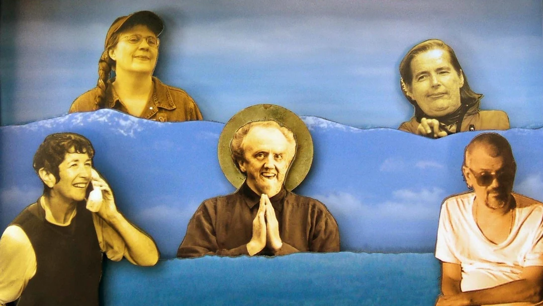 Still from Shameless: The Art of Disability: five people shown as cut-out portraits set among painted blue waves and sky, with a smiling man in the center pressing his palms together beneath a golden halo.