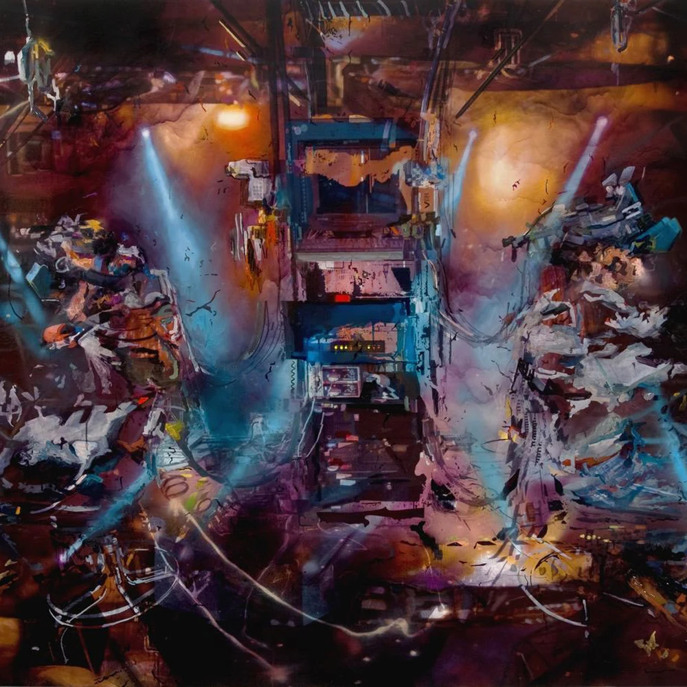 Dark layered painting by Jimmy Baker: a dim stage-like space with vertical shafts of electric blue light cutting through brown and amber haze, surrounded by fragmented machinery, wires and ghostly technological forms.