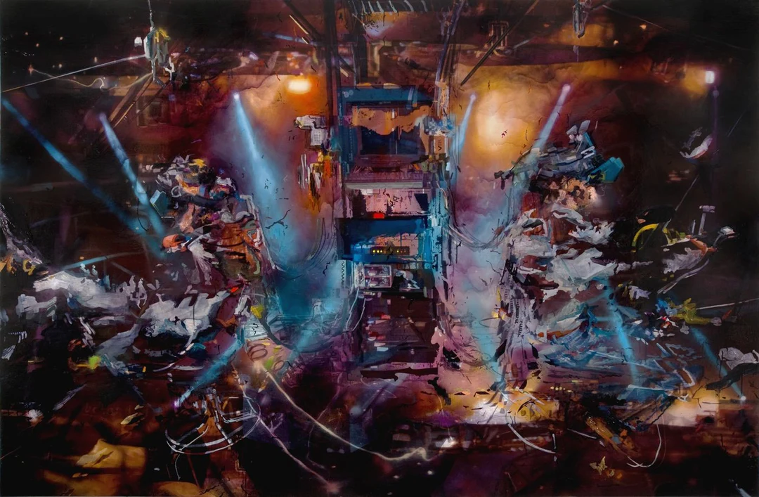 Dark layered painting by Jimmy Baker: a dim stage-like space with vertical shafts of electric blue light cutting through brown and amber haze, surrounded by fragmented machinery, wires and ghostly technological forms.