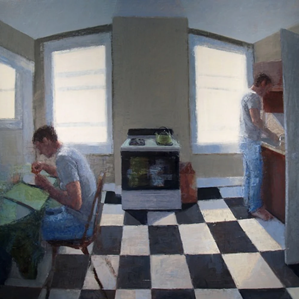 Oil painting of a kitchen interior with a black-and-white checkered floor: a man sits at a table on the left and another figure stands by an open refrigerator on the right, bright windows behind a stove.