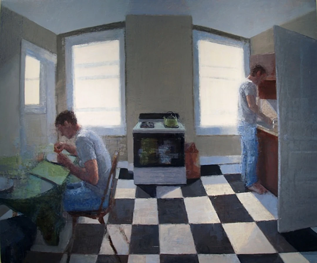 Oil painting of a kitchen interior with a black-and-white checkered floor: a man sits at a table on the left and another figure stands by an open refrigerator on the right, bright windows behind a stove.