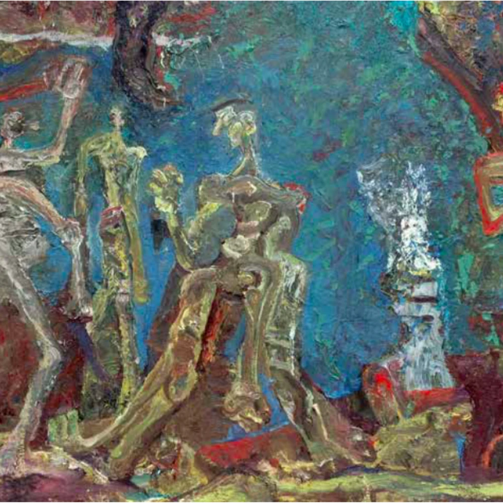 Expressionist oil painting by David Paulson, The Pugilist (2016): distorted nude figures with torqued limbs in earthy reds, ochres and deep teal-blue, built up with thick gestural brushwork.