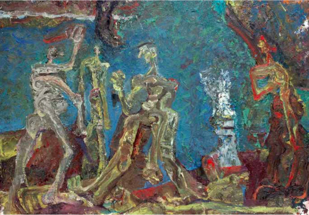 Expressionist oil painting by David Paulson, The Pugilist (2016): distorted nude figures with torqued limbs in earthy reds, ochres and deep teal-blue, built up with thick gestural brushwork.