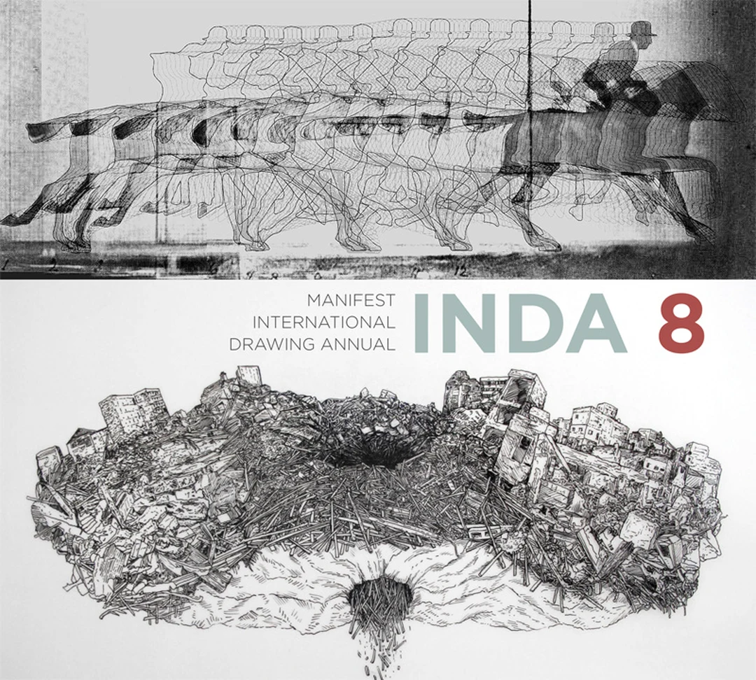 Black-and-white cover of Manifest's International Drawing Annual 8: a line-drawn motion study of a horse and rider above the title, and a dense ink drawing of a debris-covered island below.