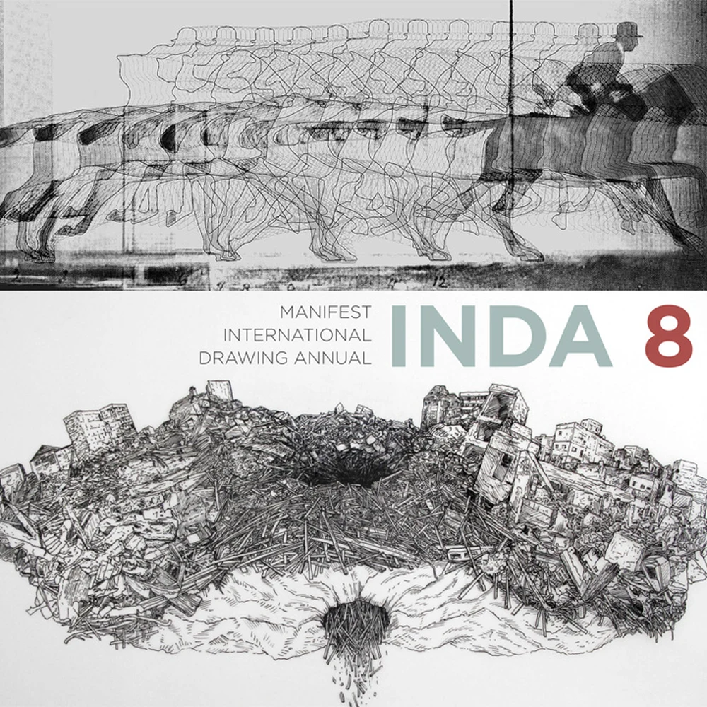 Black-and-white cover of Manifest's International Drawing Annual 8: a line-drawn motion study of a horse and rider above the title, and a dense ink drawing of a debris-covered island below.