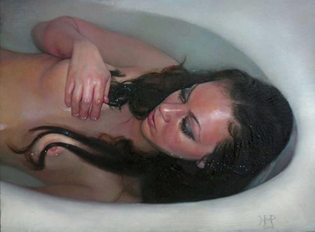 Oil painting of a nude woman reclining in a bathtub, partially covered by her arm and hair, by Kelly Phelps