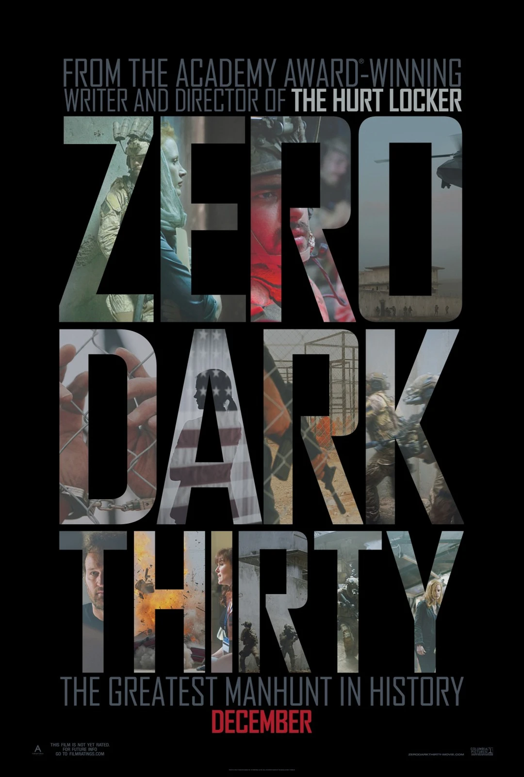 Official poster of Zero Dark Thirty: giant letters filled with film stills on a black background, tagline "The greatest manhunt in history".