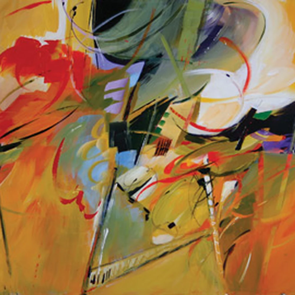 Square detail of the abstract painting Burst of Color by Denise Athanas: warm orange, red and yellow brushstrokes.