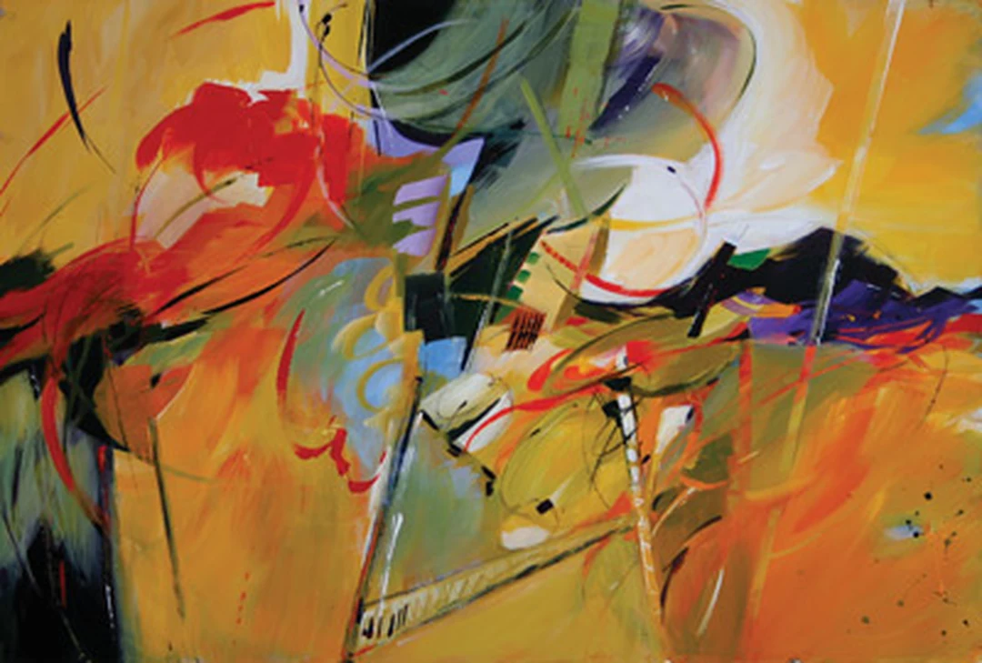 Abstract acrylic painting in warm oranges, reds and yellows with sweeping gestural brushstrokes and accents of green, black and white.