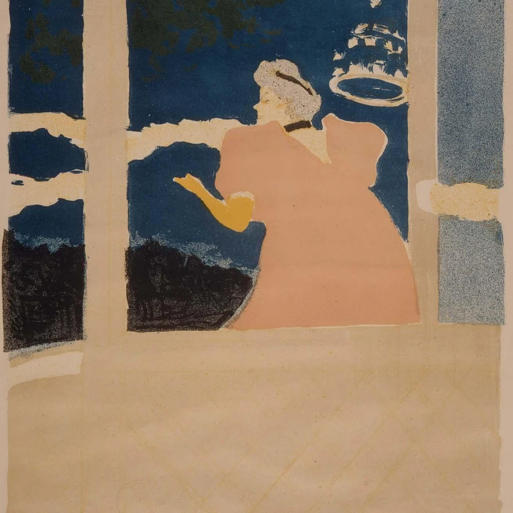 Color lithograph by Henri de Toulouse-Lautrec showing a café-concert singer in a pink dress with her arm raised, seen from behind, against a deep blue night background.