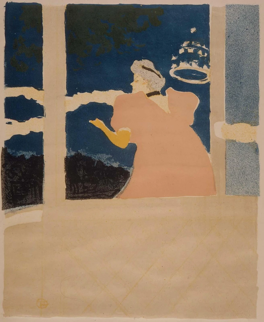 Color lithograph by Henri de Toulouse-Lautrec showing a café-concert singer in a pink dress with her arm raised, seen from behind, against a deep blue night background.