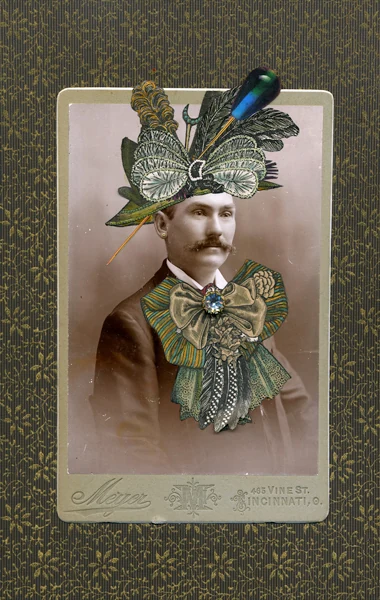 Collage on a vintage photograph of a mustached man, altered with a butterfly, feathers, green bow and a rhinestone. Sara Pearce, Geoffrey Believed In The Maxim That "The Ability To Accessorize Is What Separates Us From The Animals", 8.25 x 6 inches. Image from Kolaj Magazine. (Related image located during this archive's reconstruction.)