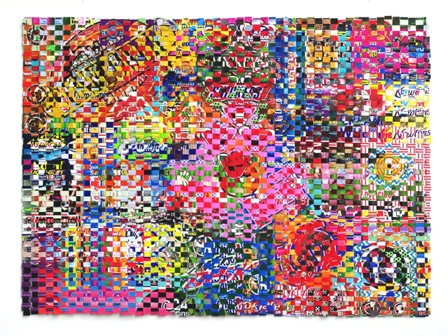 Woven paper construction with interlaced strips of colors forming a patchwork of images. Jonpaul Smith, A Few Favorites, 30 x 42 inches. Image from 365 Artists 365 Days. (Related image located during this archive's reconstruction.)
