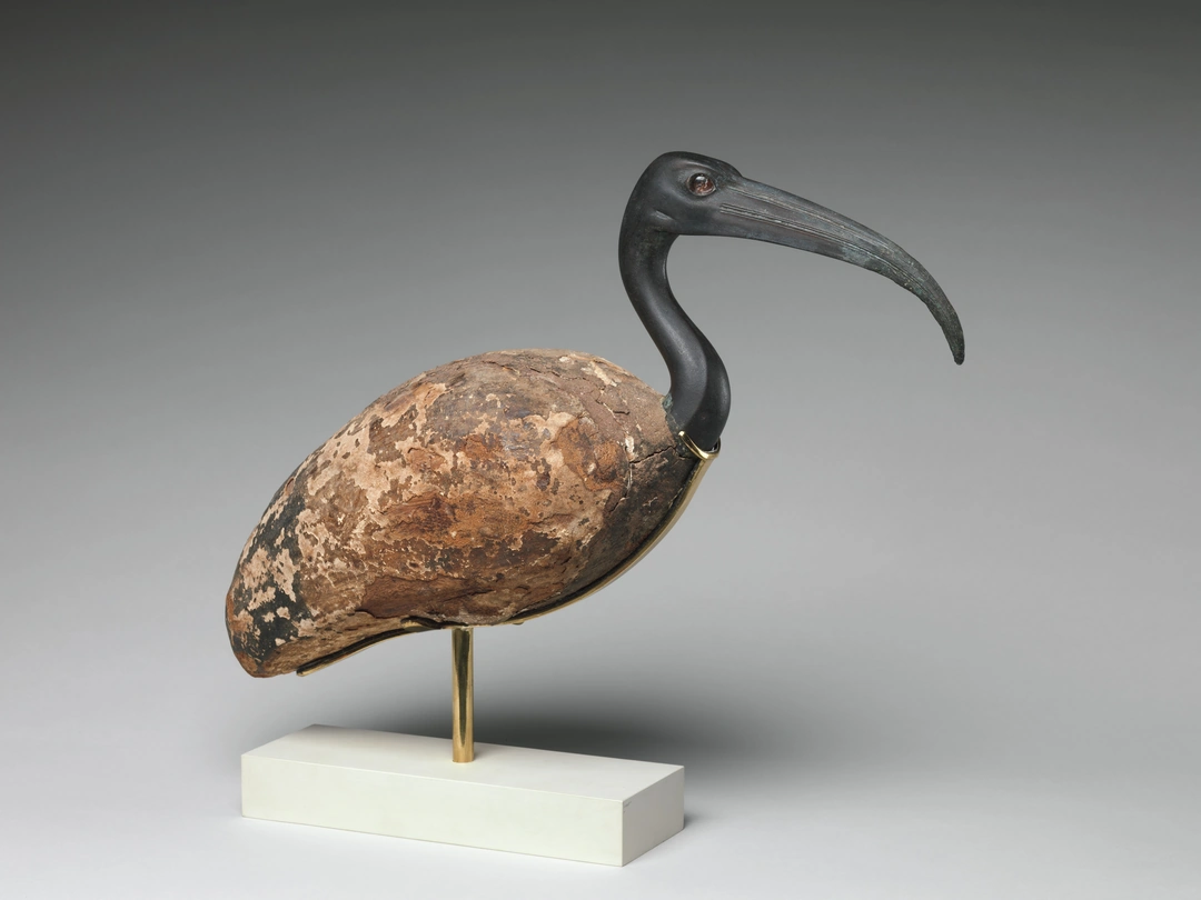 An ancient ibis statue with a dark bronze head and long curved beak, a weathered wooden body, and thin legs on a pale rectangular stand.