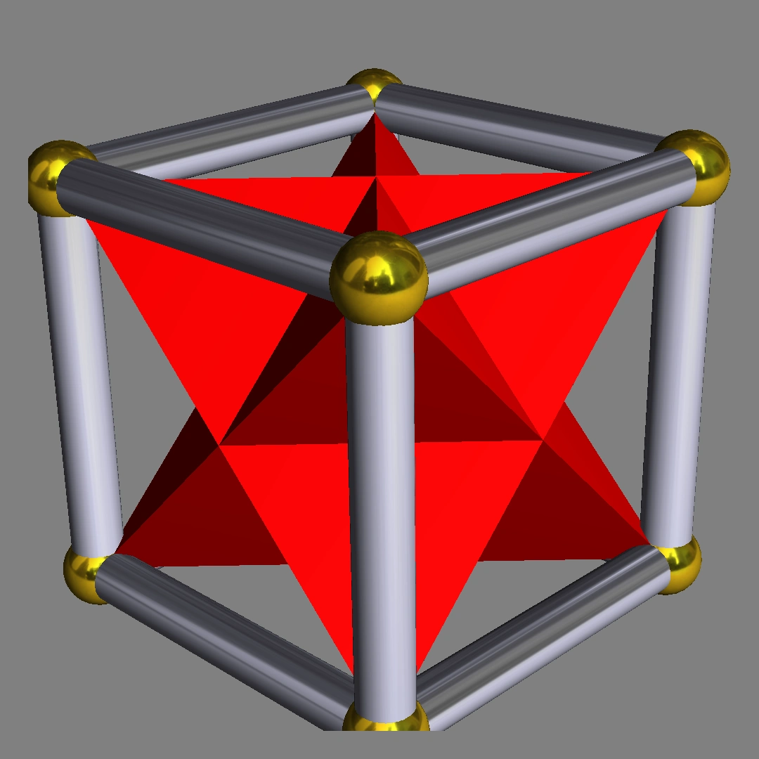 Two intersecting red tetrahedra form a star-shaped solid within a cube with gray edges and gold corner spheres.