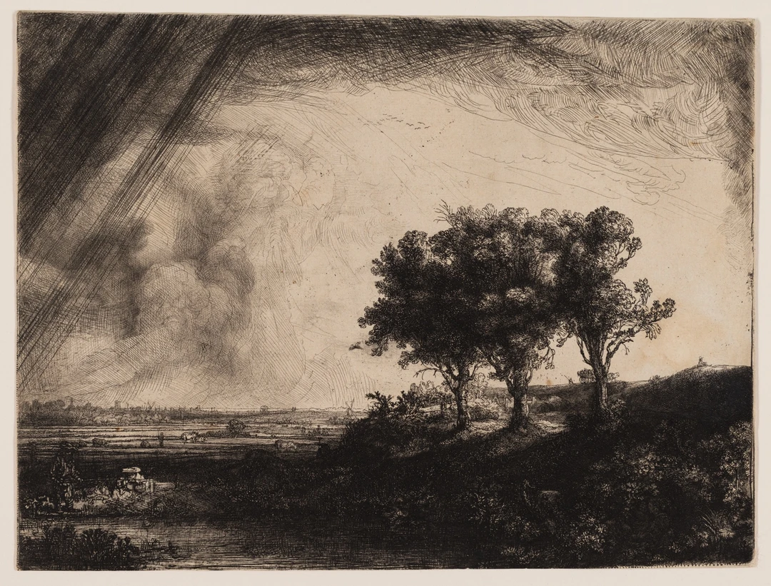Rembrandt etching of a flat Dutch landscape under a stormy sky, with three trees on a rise at the right and diagonal strokes of rain at the left.