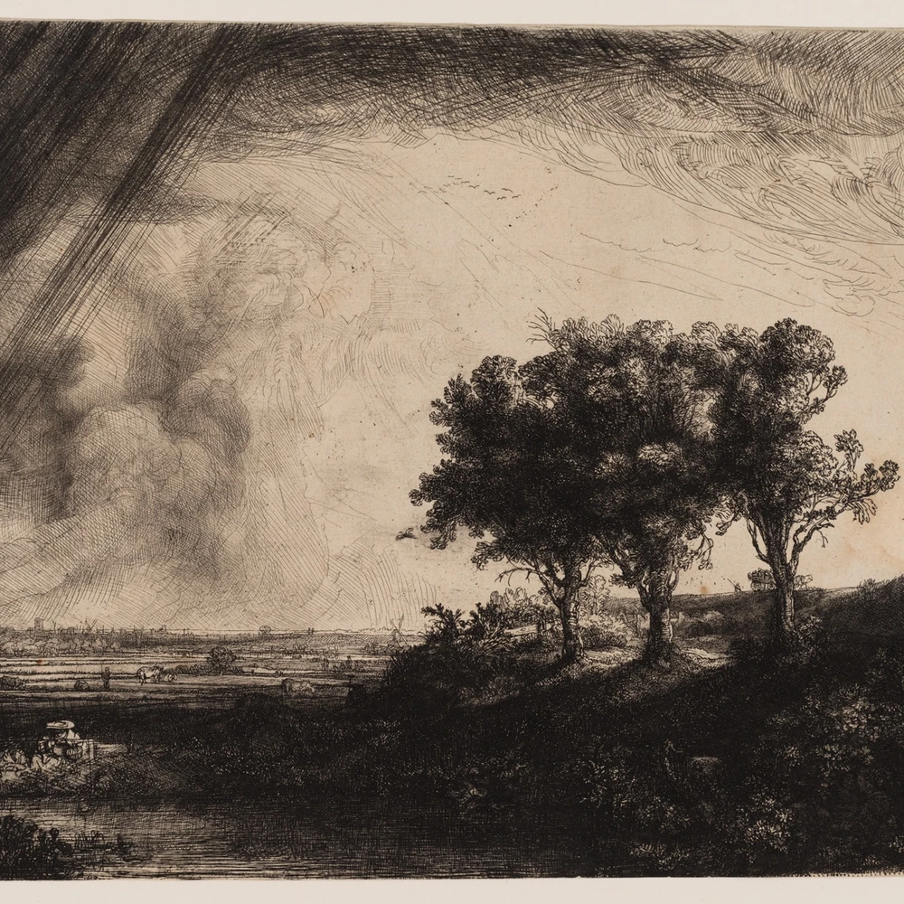 Rembrandt etching of a flat Dutch landscape under a stormy sky, with three trees on a rise at the right and diagonal strokes of rain at the left.