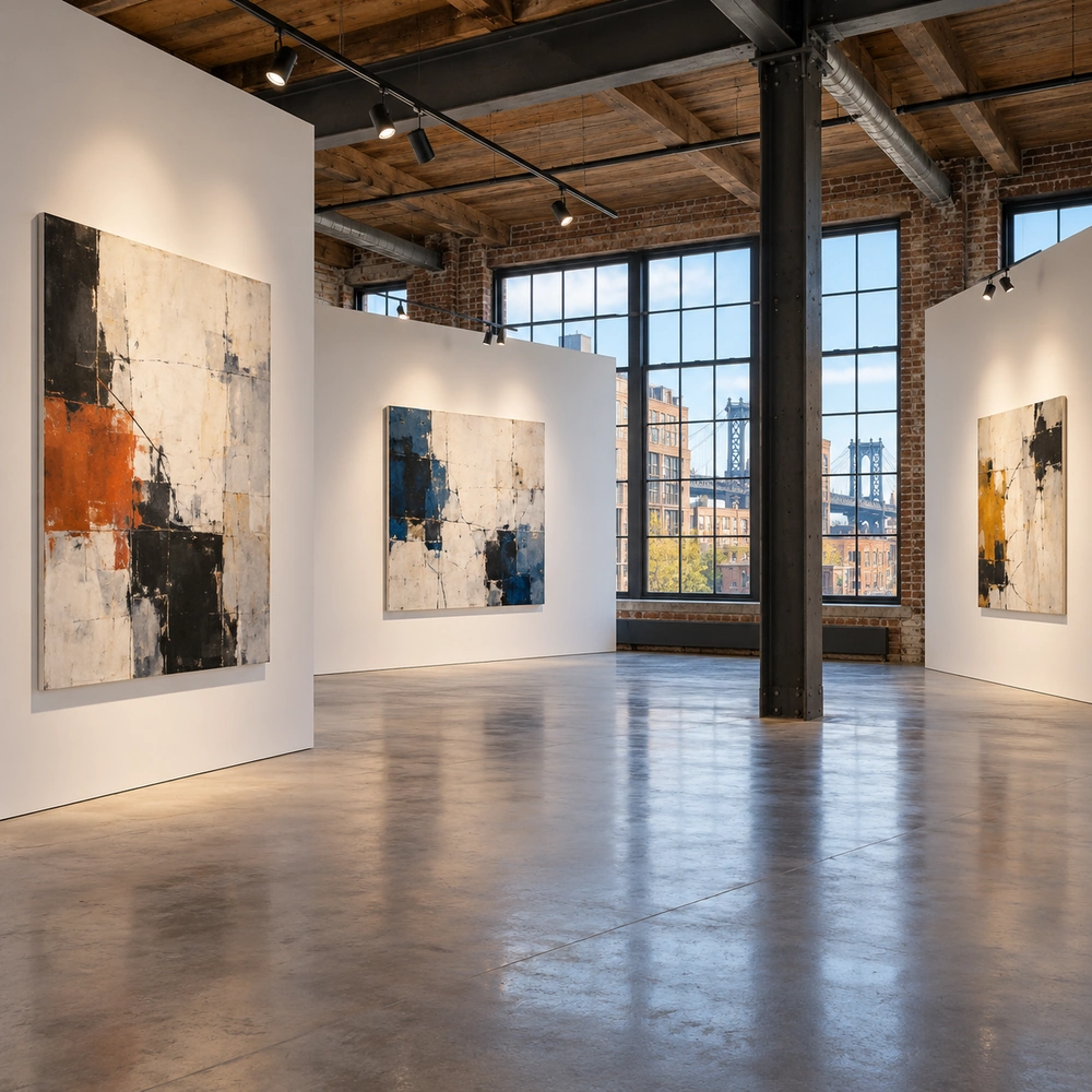 Digitally generated illustration: an empty white gallery in a Brooklyn industrial loft, with spotlit abstract works on the walls.