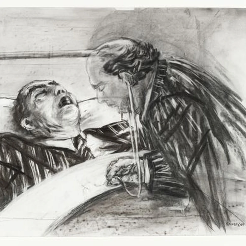 Charcoal drawing of two men: one reclines with his head tilted back and mouth open while the other leans over him attentively. Signed Kentridge at lower right.