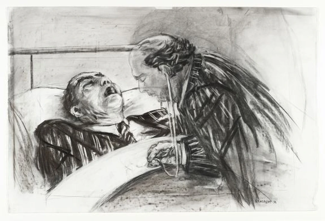 Charcoal drawing of two men: one reclines with his head tilted back and mouth open while the other leans over him attentively. Signed Kentridge at lower right.