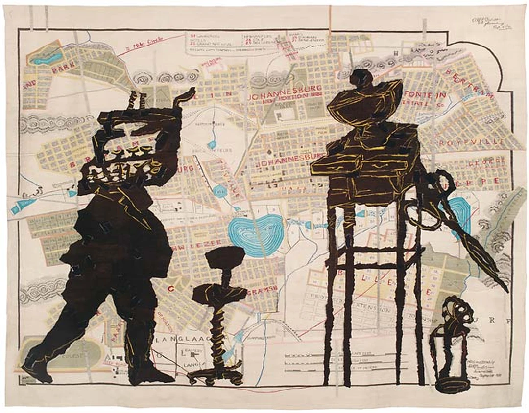 Tapestry showing a striding figure carrying a film camera on the left and a tall table with objects on the right, over a background printed with a map of Johannesburg.